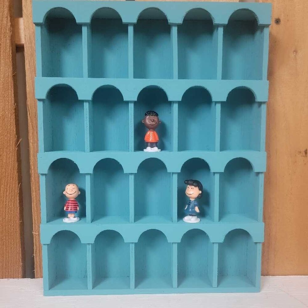 Teal Wood Arched Cubby Trinket Shelf Display 20 Compartment Wall Mount